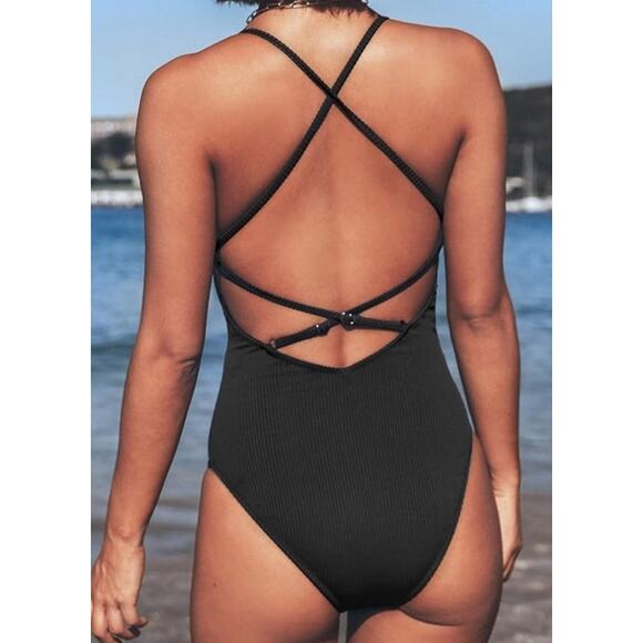 Cupshe Women's Lace up Black One Piece Size M Sexy Plunge Minimalist NWT - Picture 2 of 7
